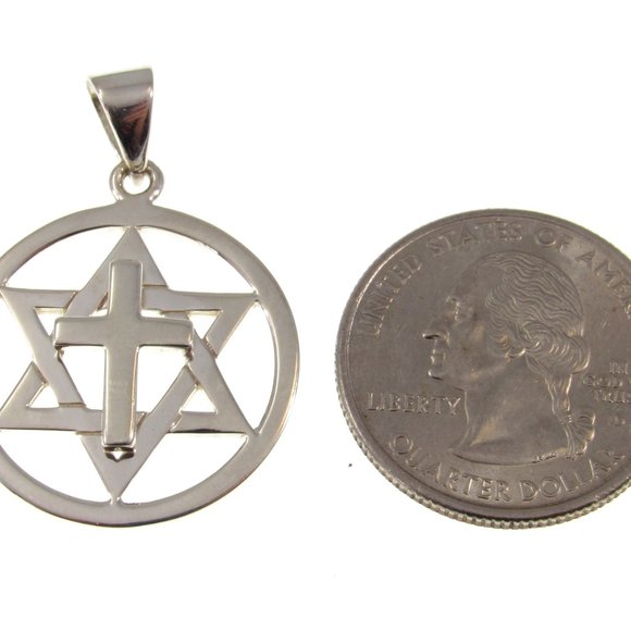 Solid 925 Sterling Silver Star of David Christian Jewish Cross Pendant - Picture 2 of 5